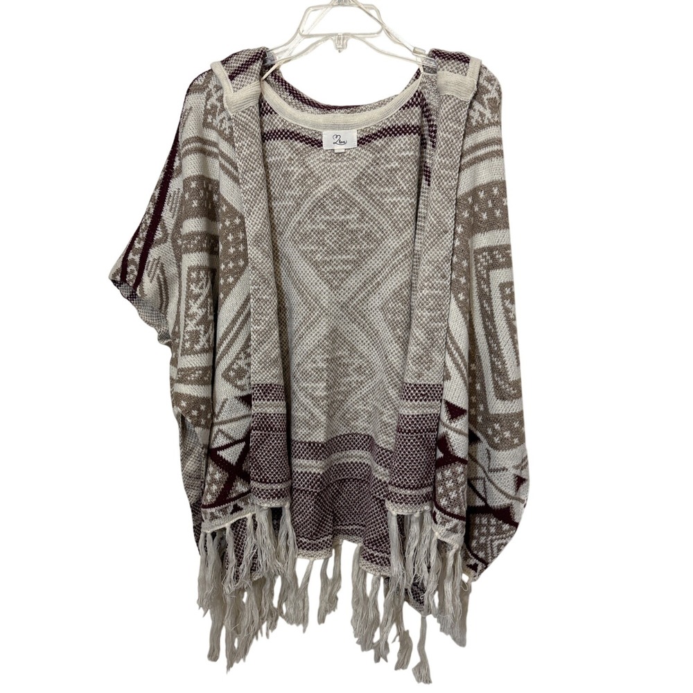 Western Boho Aztec Fringe‎ Hooded Vest Cardigan S/M Cotton Blend